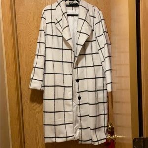Long white with black squares wool coat